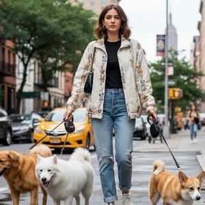 Vintage 90s CoAco $195 XL Ivory Allover Dog Print Silk Quilted Bomber Jacket